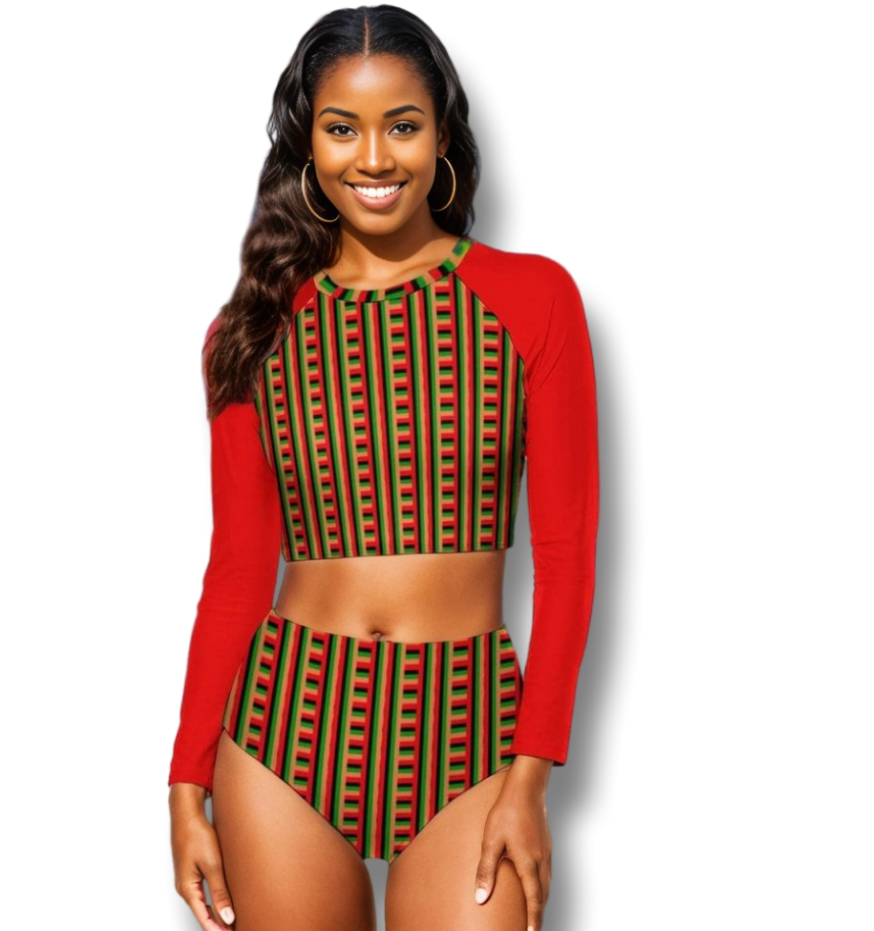 - Striped Galore Long Sleeve Crew Neck Ladies Two-Piece Swimsuit - womens two-piece swimsuit at TFC&H Co.