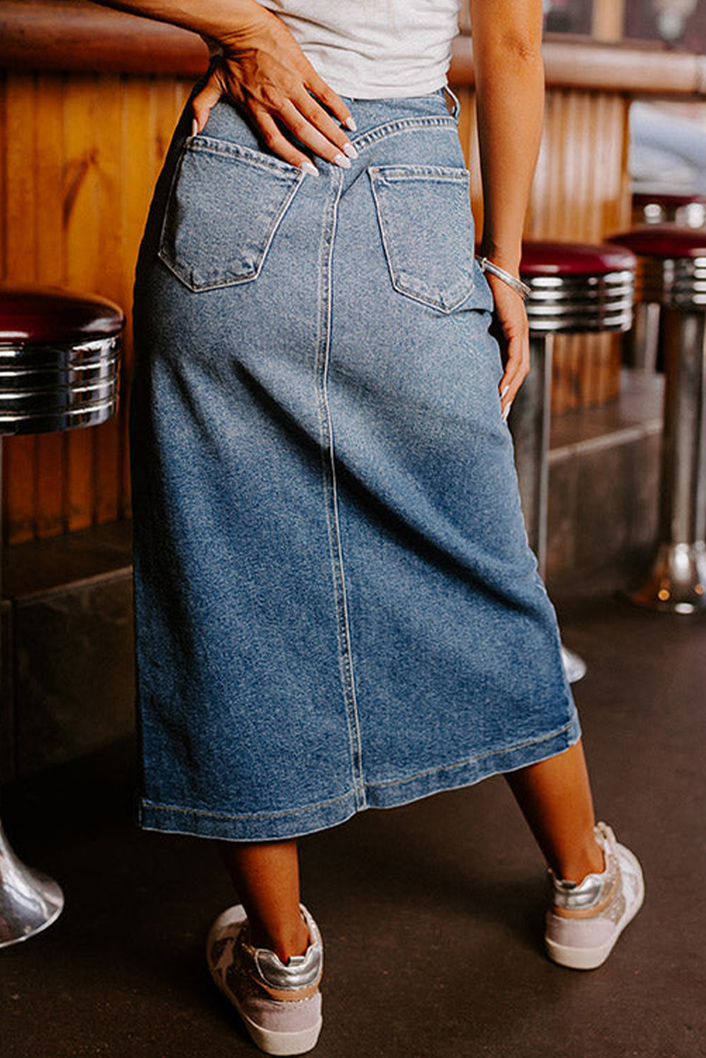 - Sky Blue 4 Patch Pockets Front Slit Denim Skirt - womens skirts at TFC&H Co.