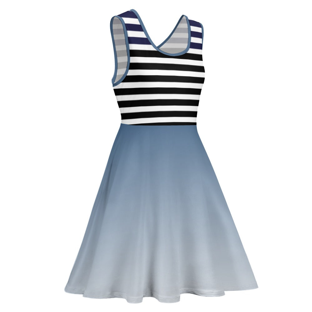 Blue - Ombre Striped Women's Round Neck Sleeveless Big Hem Dress - womens dress at TFC&H Co.