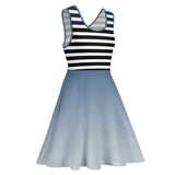 Blue - Ombre Striped Women's Round Neck Sleeveless Big Hem Dress - womens dress at TFC&H Co.