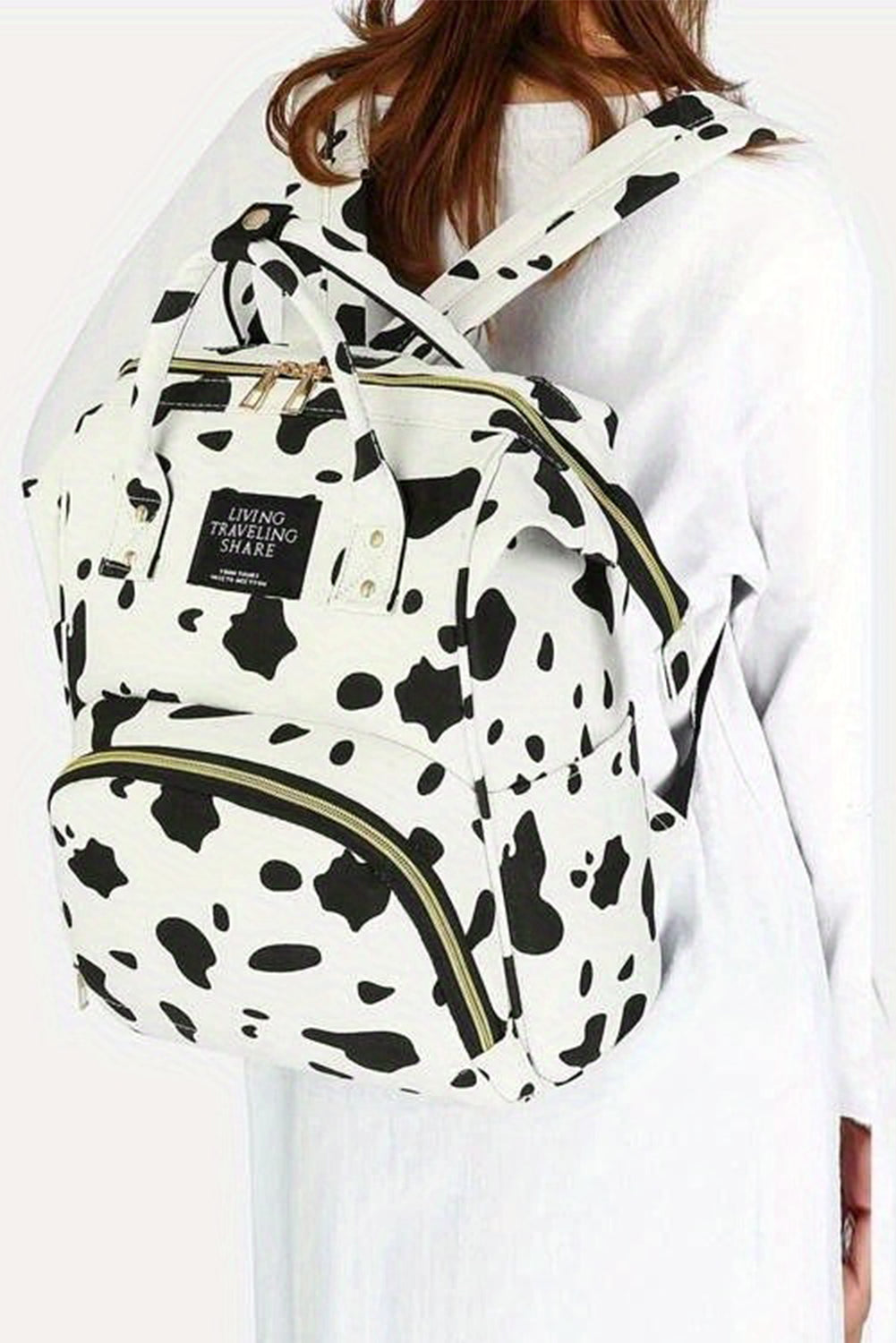 White Cow Spot Print Multi Pocket Canvas Backpack - backpack at TFC&H Co.