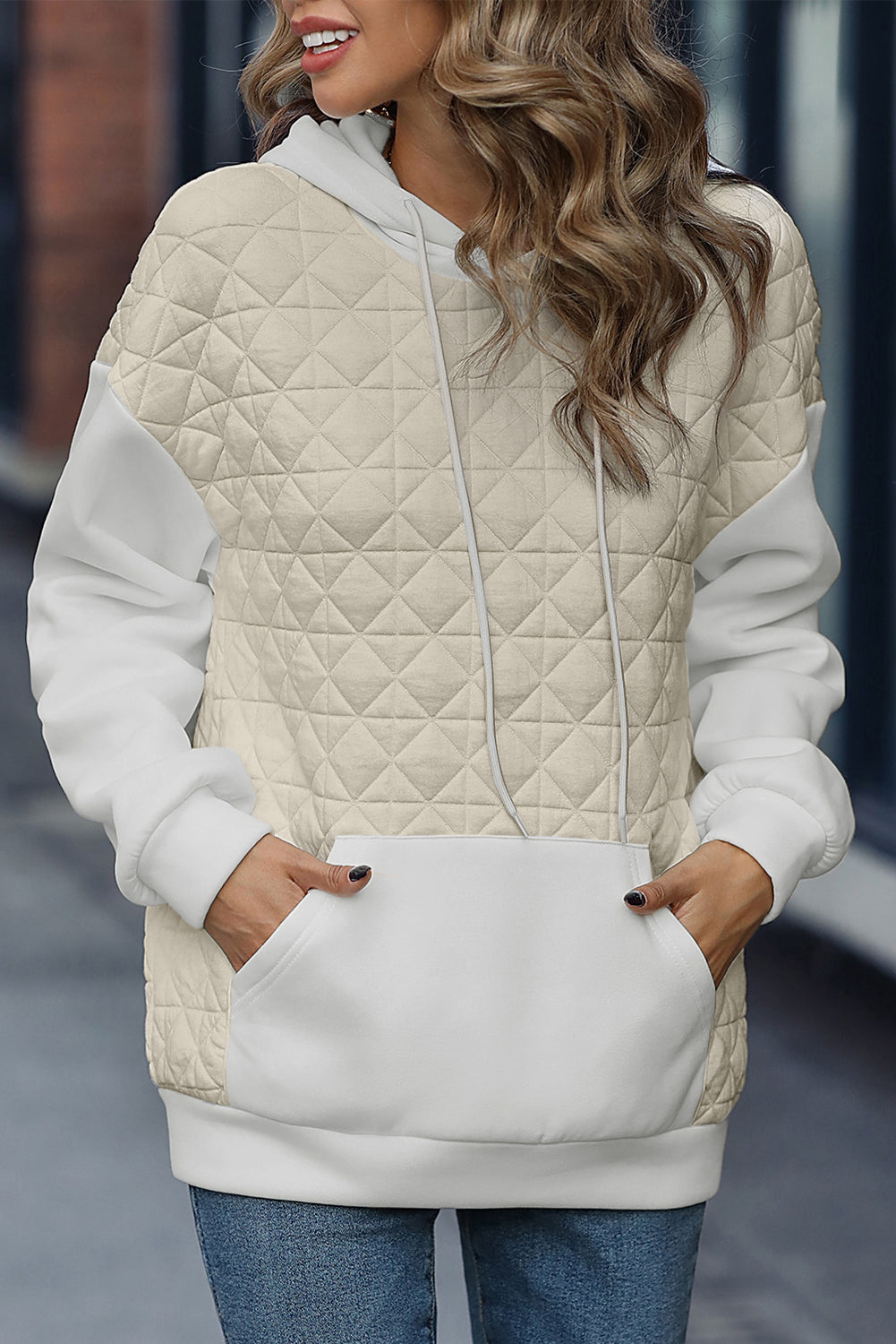 Beige 95%Polyester+5%Elastane - Drop Shoulder Quilted Kangaroo Pocket Hoodie - women's hoodie at TFC&H Co.