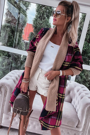 - Rose Red Ribbed Splicing Plaid Open Front Cardigan - womens cardigan at TFC&H Co.
