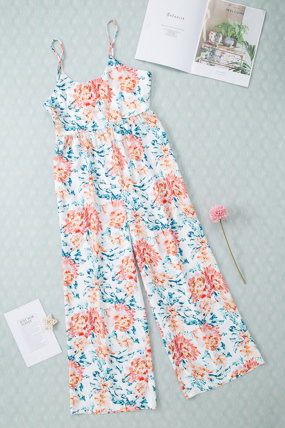 - White Floral Spaghetti Straps Wide Leg Jumpsuit - Jumpsuits & Rompers at TFC&H Co.