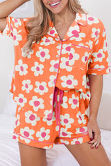 Orange - Flower Print Buttoned Shirt and Drawstring Waist Women's Pajama Set - womens pajamas at TFC&H Co.