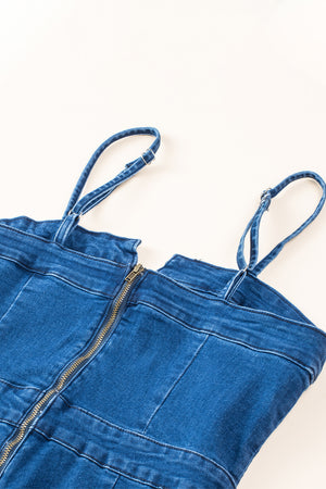 - Blue Spaghetti Straps Notch V Women's Denim Jumpsuit - womens jumpsuit at TFC&H Co.