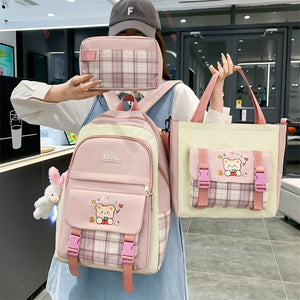 - Large Capacity Plaid Three-piece Set School Backpack - bookbag at TFC&H Co.