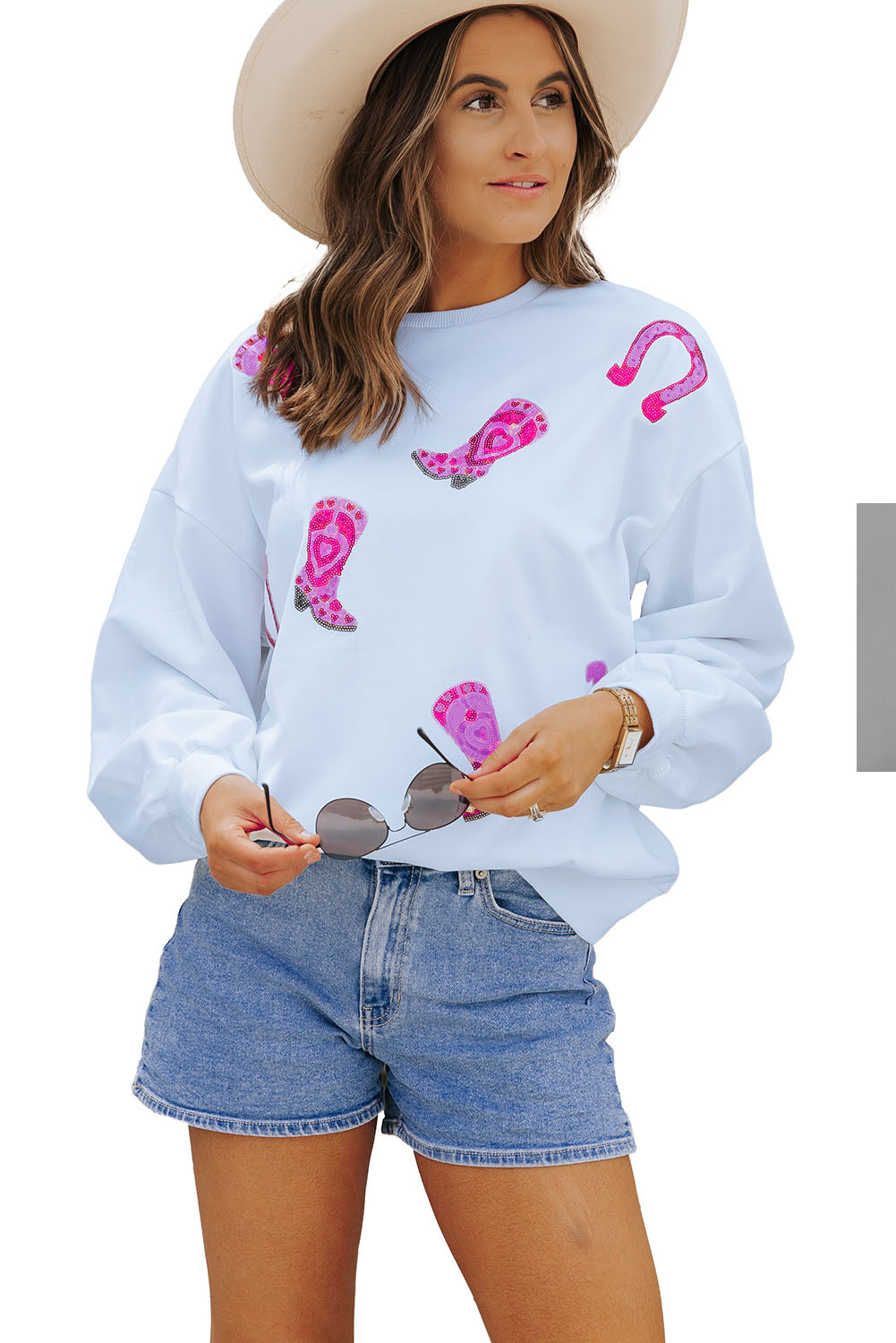 - Sequin Western Cowgirl Boots Graphic Sweatshirt - women's sweatshirt at TFC&H Co.