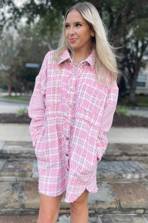 Pink Houndstooth Splicing Oversized Tweed Shacket - women's shacket at TFC&H Co.