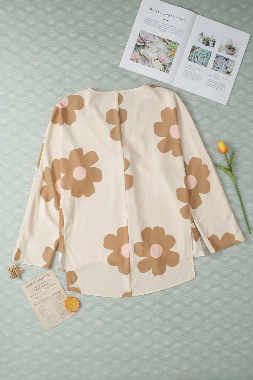 - Khaki 60s Flower Print Batwing Sleeve Side Slit Women's Blouse - womens blouse at TFC&H Co.