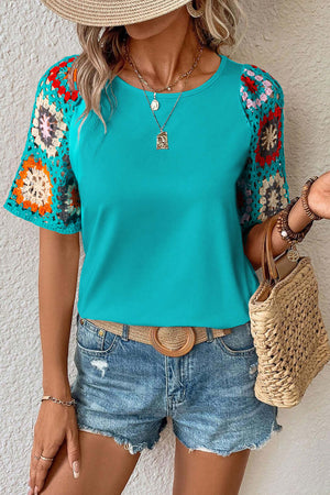 Turquoise 95%Polyester+5%Elastane - Floral Crochet Short Sleeve Top for Women - womens t-shirt at TFC&H Co.