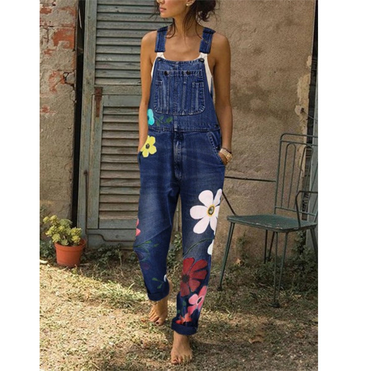 Dark Blue - Flower Printed Washed Denim Overalls - womens overalls at TFC&H Co.