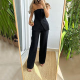 black - Casual Fashion Tailored Button Tube Top Suit Pants Outfit Set - womens pant set at TFC&H Co.