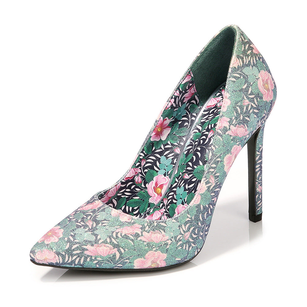 Green - Floral Pointed Stiletto Heels - womens heels at TFC&H Co.