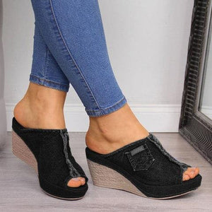 Black - Denim High Heels Wedge Sandals - womens sandals at TFC&H Co.