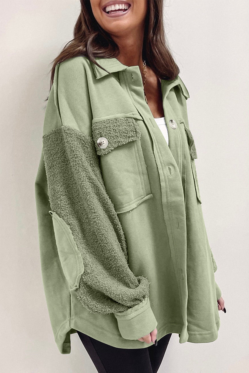 Exposed Seam Elbow Patch Oversized Shacket in Peach Blossom, Sage, or Chestnut - women's shacket at TFC&H Co.