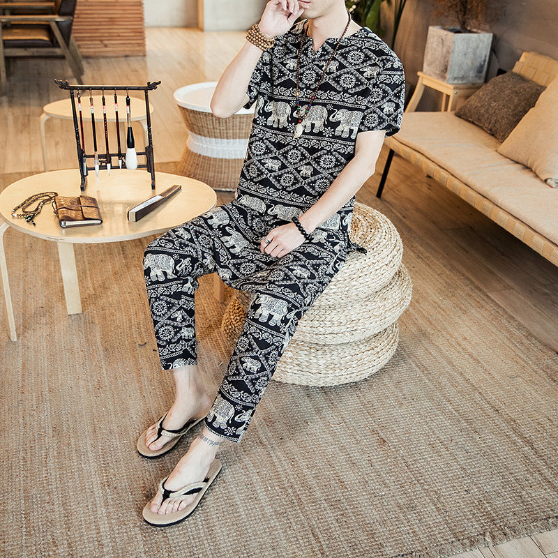 Ethnic Style Short Sleeve Pants Outfit Set for Men