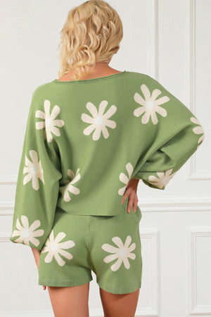 Green Flower Print Bubble Sleeve Knitted Sweater and Shorts Set - women's short set at TFC&H Co.