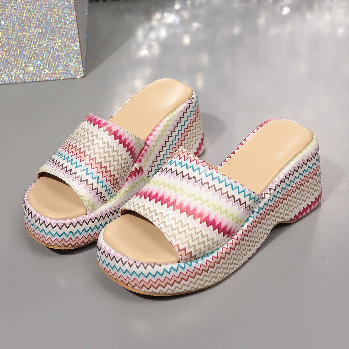 Beige - Fashion Colorful Wave Print Wedges Sandals For Women - womens sandals at TFC&H Co.