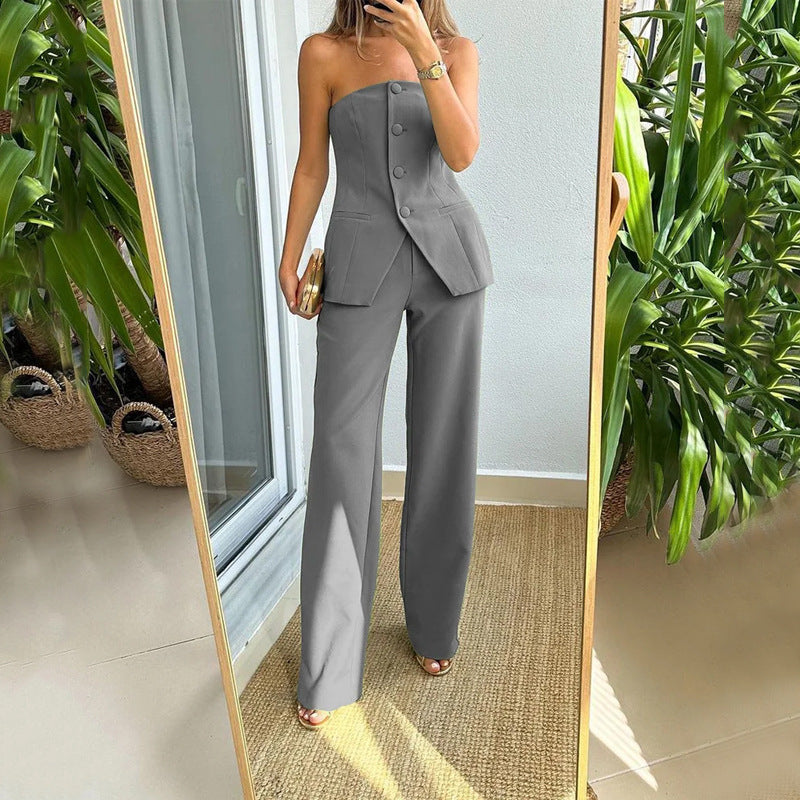 grey - Casual Fashion Tailored Button Tube Top Suit Pants Outfit Set - womens pant set at TFC&H Co.