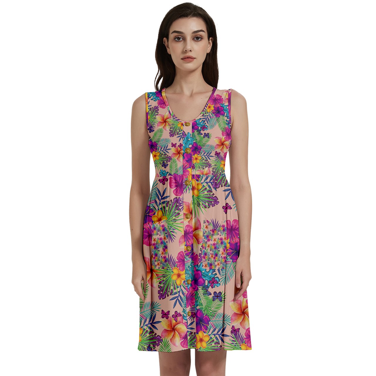 Tropical Peach Floral Button Sleeveless Women's Dress With Pockets