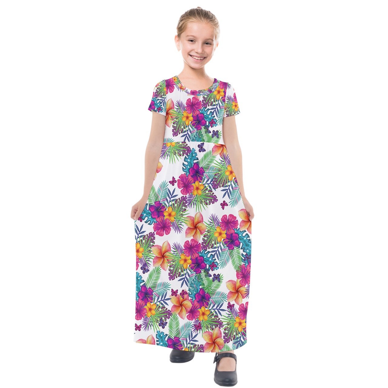 Tropical Floral Girls' Short Sleeve Maxi Dress