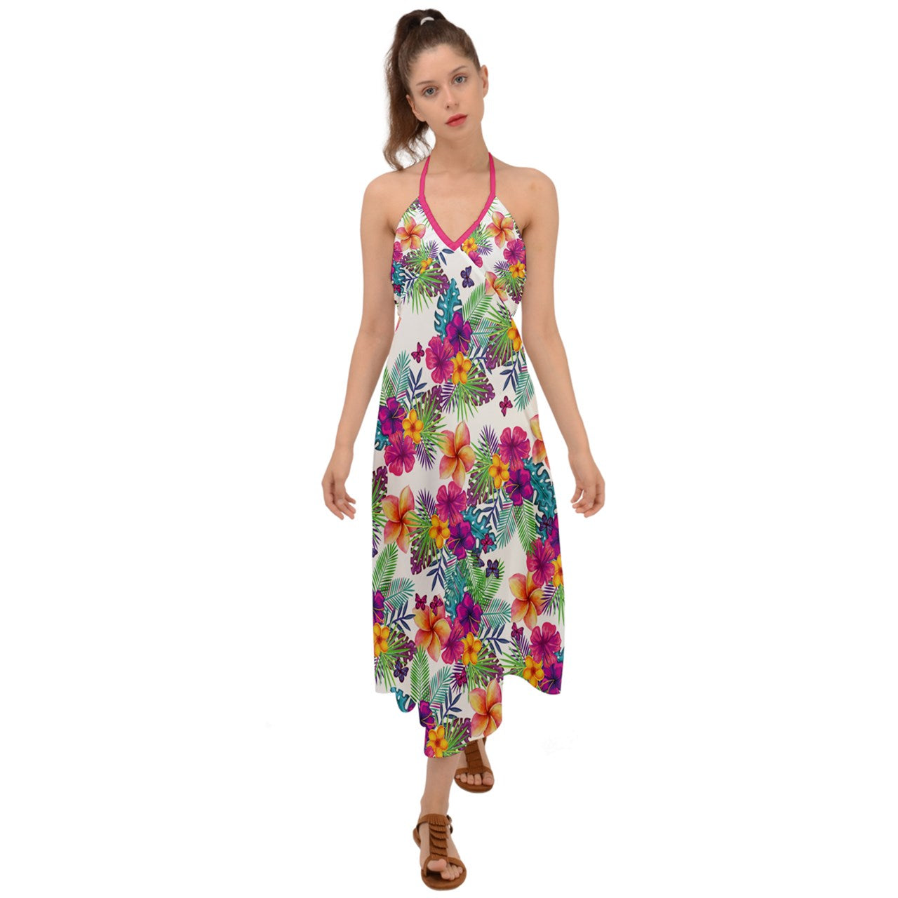 Tropical Floral Halter Tie Back Dress for Women