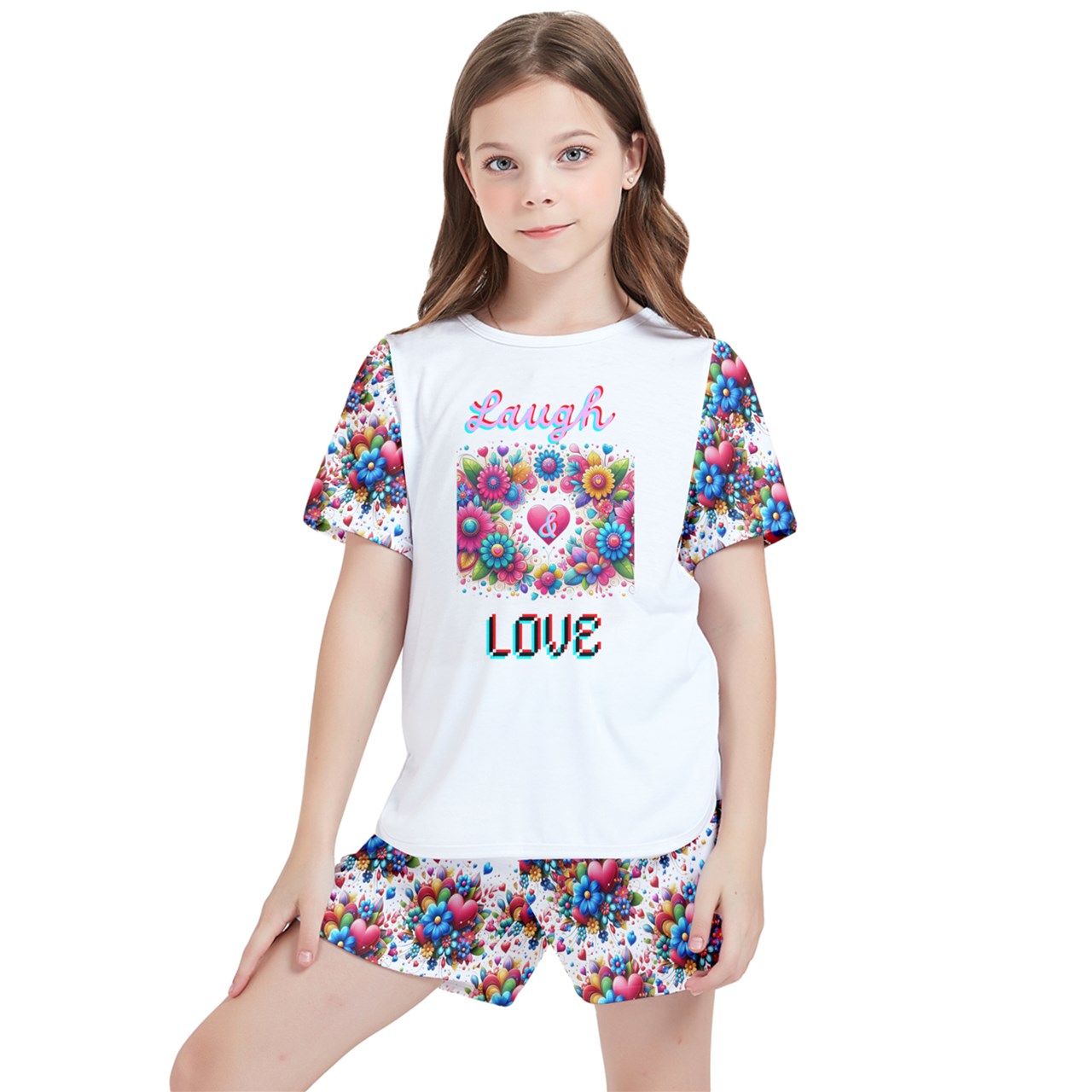 Laugh Love1 - Laugh Love Kids' T-Shirt And Sports Shorts Outfit Set - girls short set at TFC&H Co.