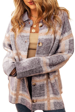 Fuzzy Plaid Collared Button Up Cardigan - women's cardigan at TFC&H Co.