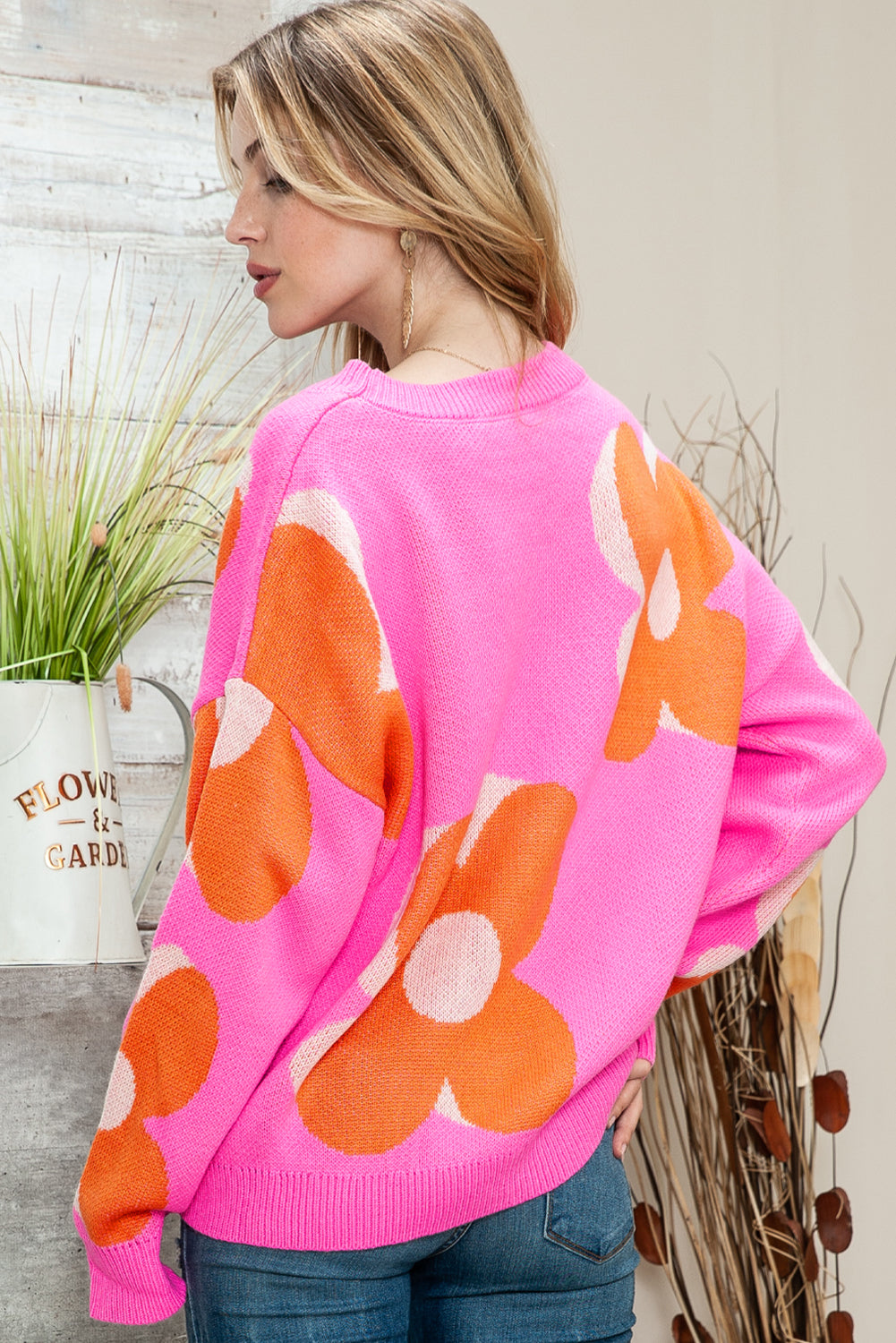 - Camel, Pink & Orange Floral Cable Knitted Sweater - Sweaters at TFC&H Co.