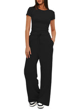 Black - 2pcs Solid Color Casual Sport Short-sleeved Women'sTop And High-waisted Drawstring Wide-leg Pants - womens pants set at TFC&H Co.