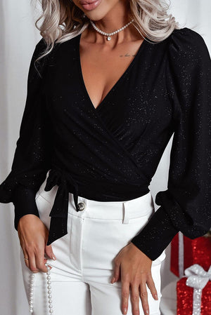 Black 90%Polyester+10%Elastane Glitter Wrap V Neck Tie Hem Puff Sleeve Blouse - women's blouse at TFC&H Co.