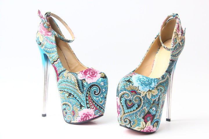 BLUE Stiletto Ethnic Paisley Style Super High Heels - women's shoe at TFC&H Co.