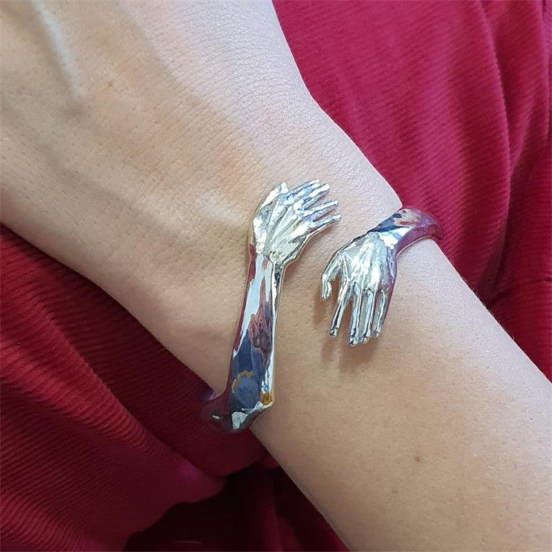 Silver Hugging Arms Hand Cuff Couple Bracelet For Women And Men - bracelet at TFC&H Co.