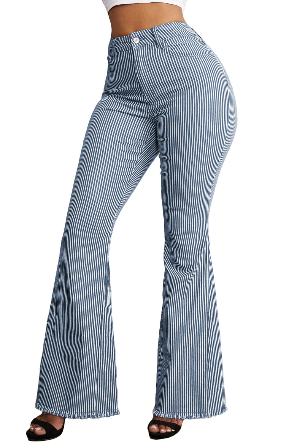 - Light Blue Stripe Casual Mid Waist Women's Bell Bottom Jeans - womens jeans at TFC&H Co.