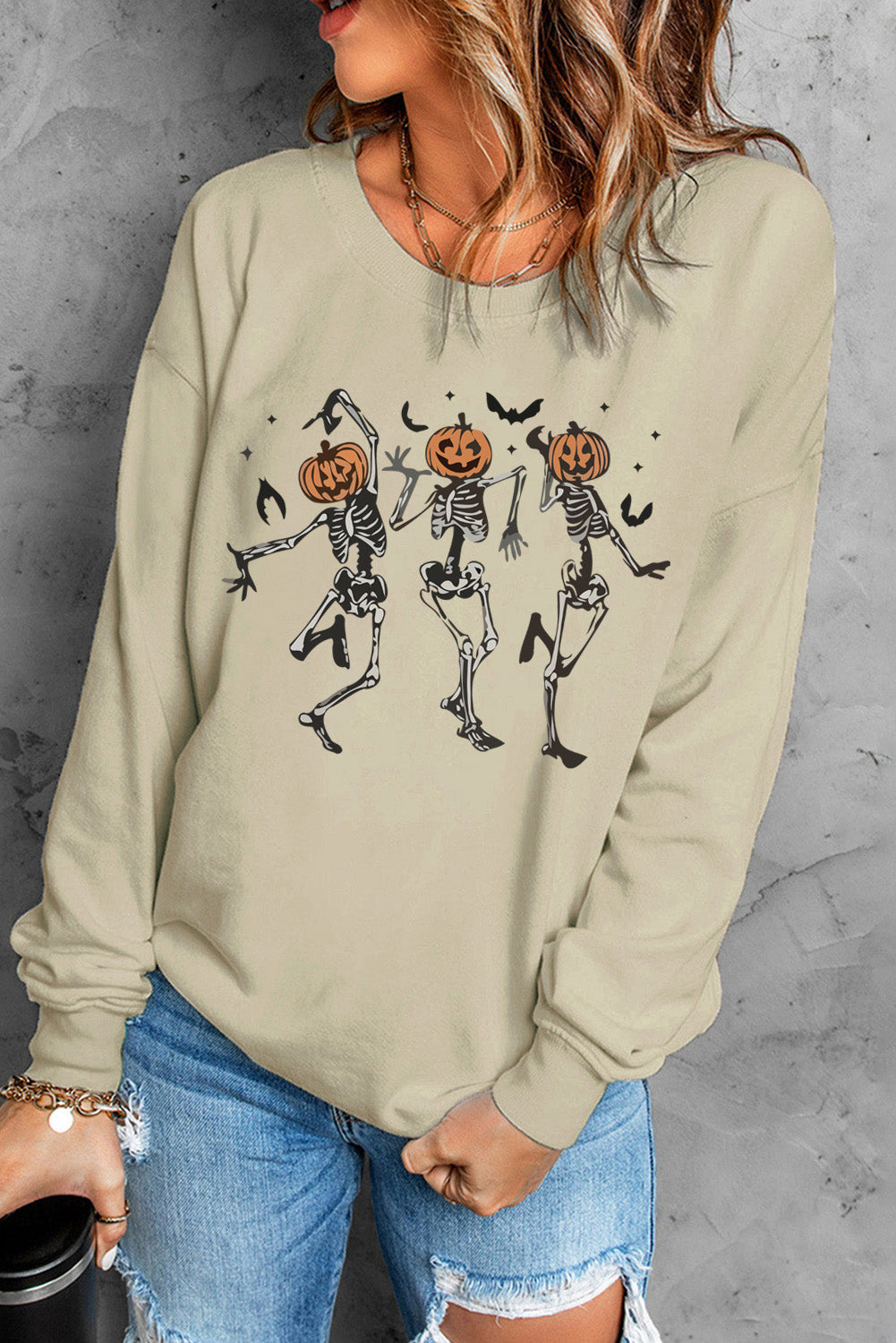 - Khaki Skeleton Pumpkin Halloween Graphic Print Pullover Sweatshirt - womens sweathshirt at TFC&H Co.