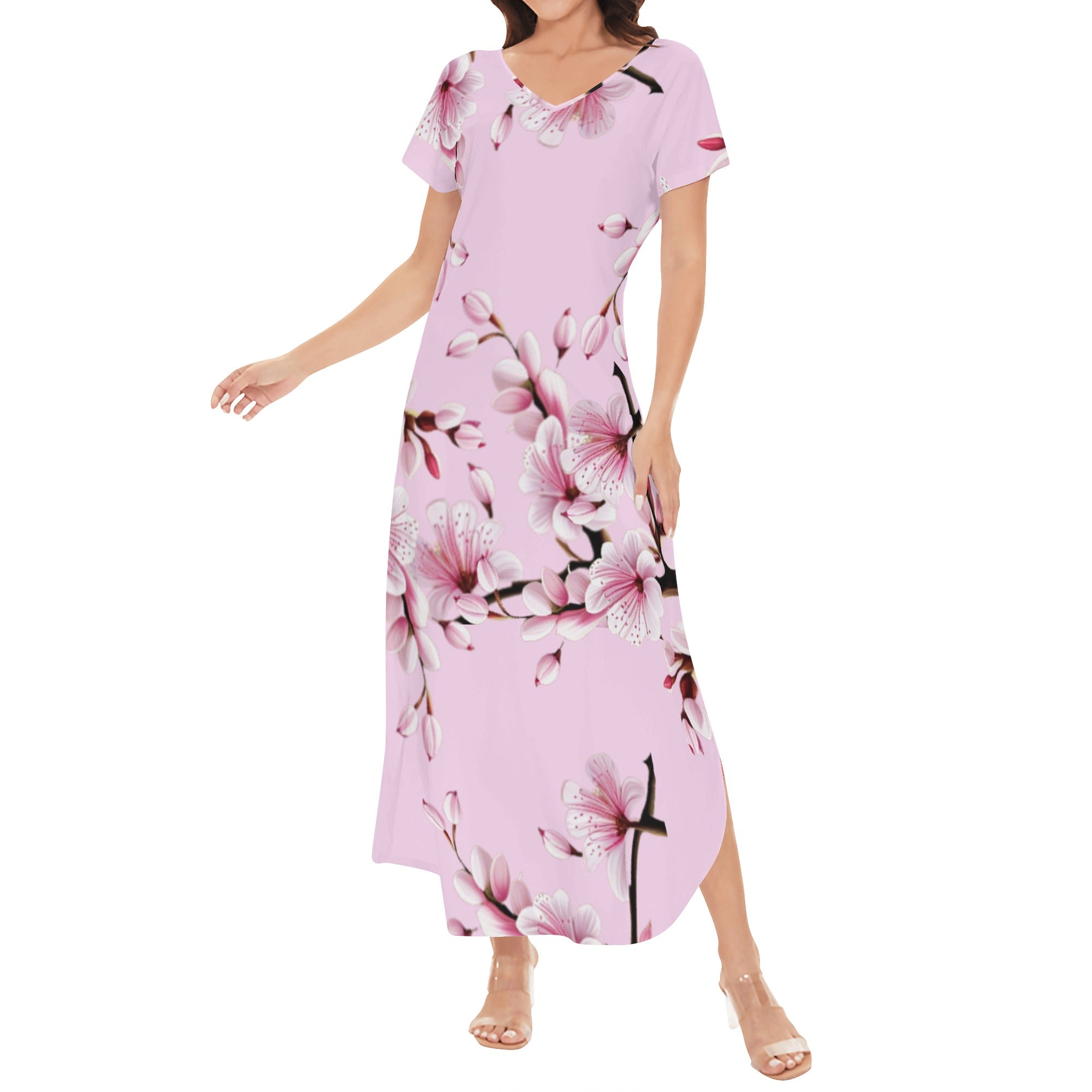 5 - Cherry Blossom - Pink - Cherry Bossom Womens Short Sleeve Long Draped Dress - 5 colors - womens dress at TFC&H Co.