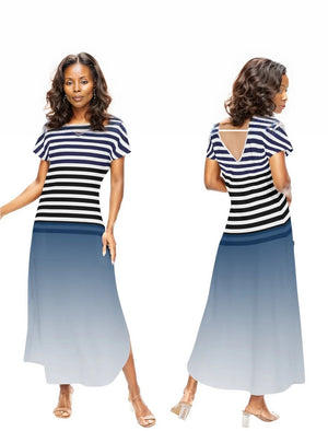 - Ombre Striped Womens Short Sleeve Long Draped Dress for Women - womens dress at TFC&H Co.