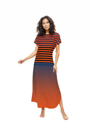 Orange - Ombre Striped Womens Short Sleeve Long Draped Dress for Women - womens dress at TFC&H Co.