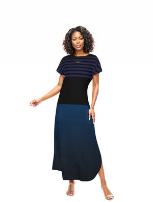 8XL - Ombre Striped Womens Short Sleeve Long Draped Dress for Women - womens dress at TFC&H Co.