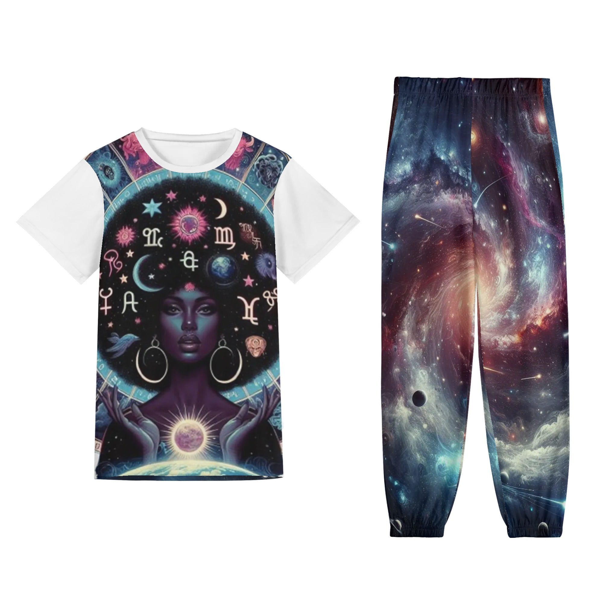 3 - Space - Celestial Zodiac Womens Short Sleeve Sports Outfit Set - womens pants set at TFC&H Co.