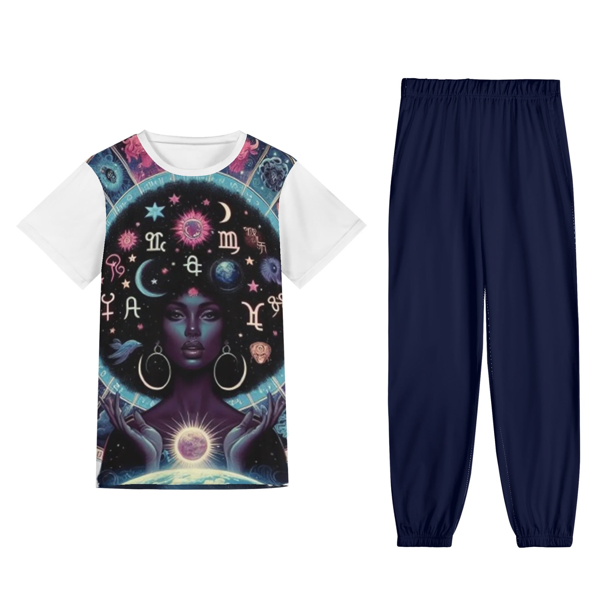 2 - Navy - Celestial Zodiac Womens Short Sleeve Sports Outfit Set - womens pants set at TFC&H Co.