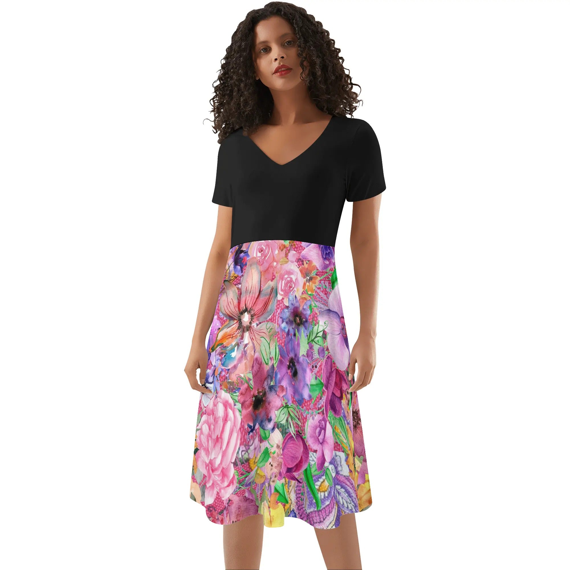 Nothing but Floral Womens Black Top Ruffle Summer Dress