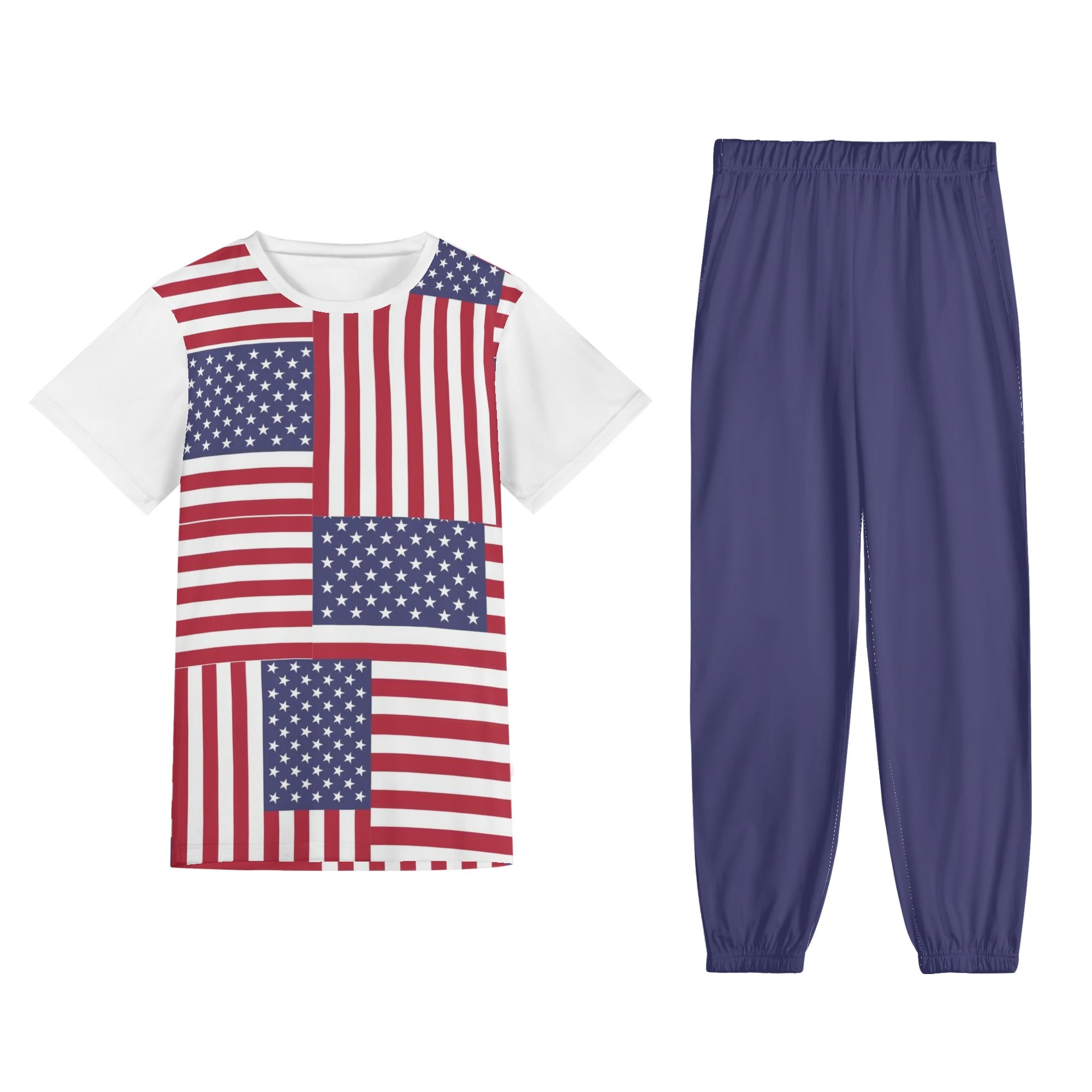 Blue-White - 4th of July Patriotic Short Sleeve Sports Outfit Set - unisex pants set at TFC&H Co.