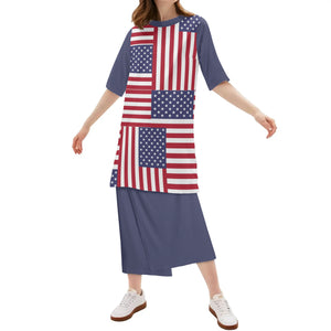 Blue - 4th of July Womens Oversize Half-Sleeve T-shirt & Midi Skirt Two-Piece Outfit Set - womens skirt set at TFC&H Co.