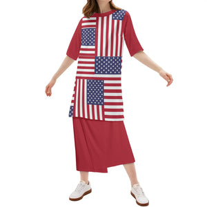 Red - 4th of July Womens Oversize Half-Sleeve T-shirt & Midi Skirt Two-Piece Outfit Set - womens skirt set at TFC&H Co.