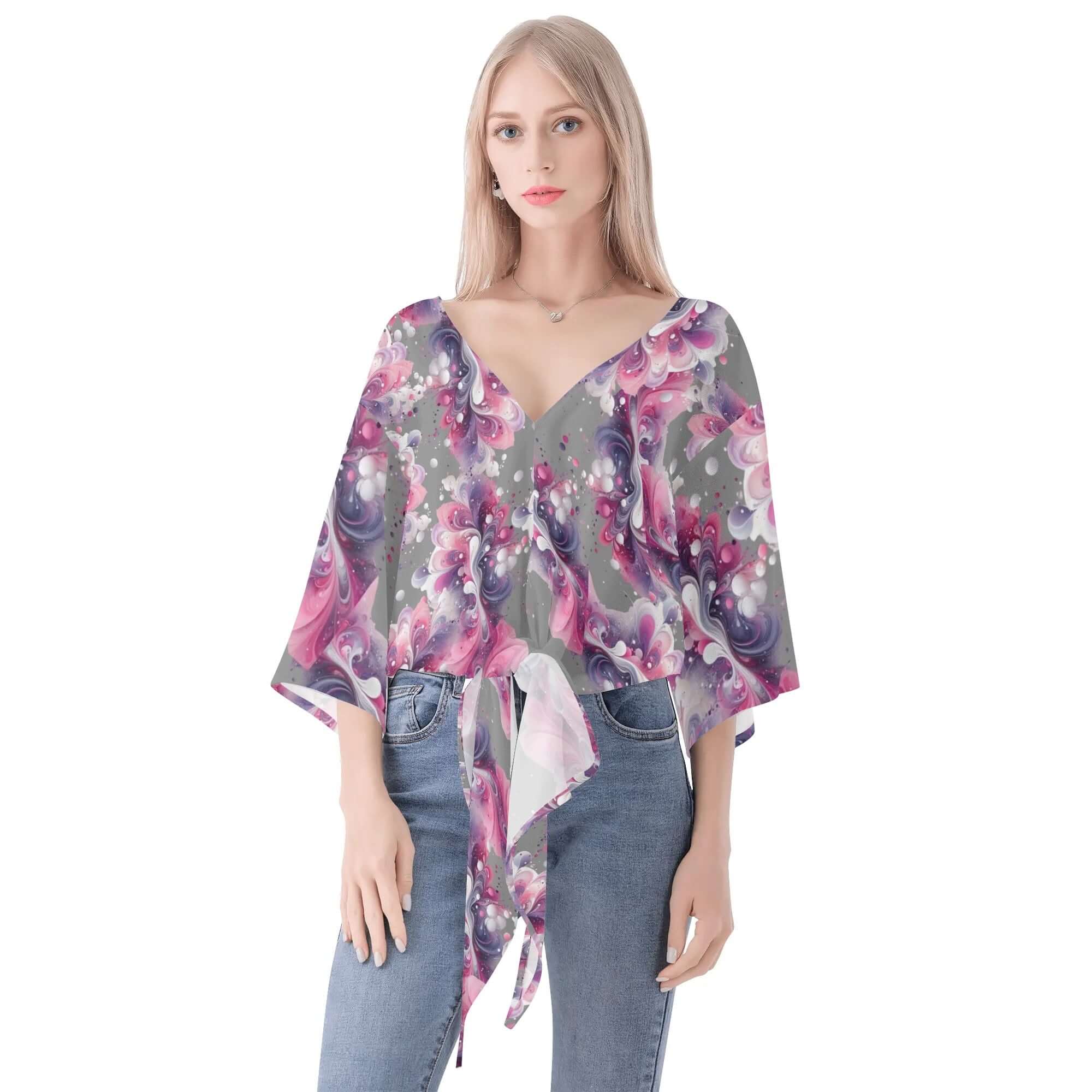 2 - Women‘s’ V-neck Tie Front Knot Chiffon Blouse - Splatter Women‘s’ V-neck Tie Front Knot Chiffon Blouse - womens blouse at TFC&H Co.