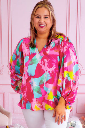 - Pink Voluptuous (+) Plus Size Graffiti Print Split Neck Puff Sleeve Blouse - womens blouse at TFC&H Co.