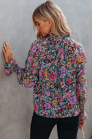 Multicolor Floral Print Ruffled Long Sleeve V-Neck Blouse - women's blouse at TFC&H Co.