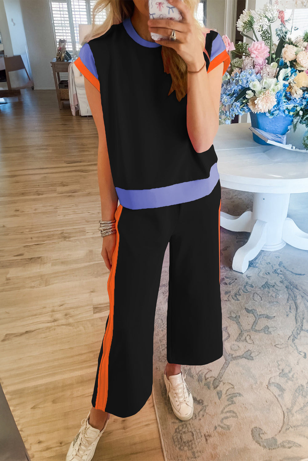Black - Colorblock Cap Sleeve Tee and Wide Leg Pants Women's Outfit - womens outfit set at TFC&H Co.